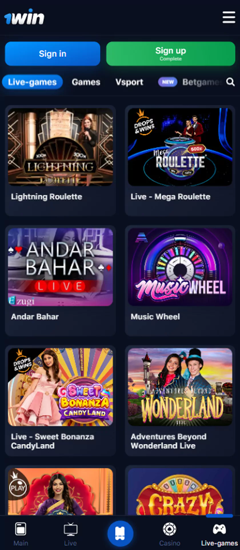 wow77 app live casino section screenshot.