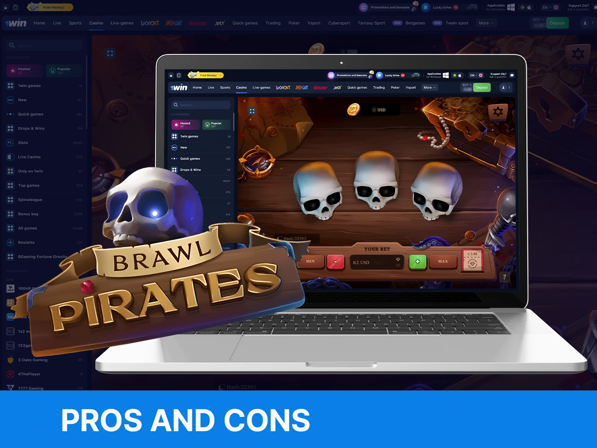 The main pros and cons of the Brawl Pirates game at 1Win.