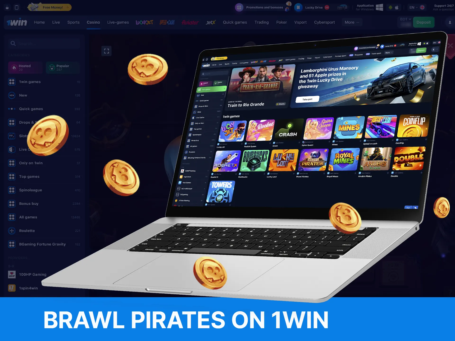 How to find Brawl Pirates game on the 1Win website.