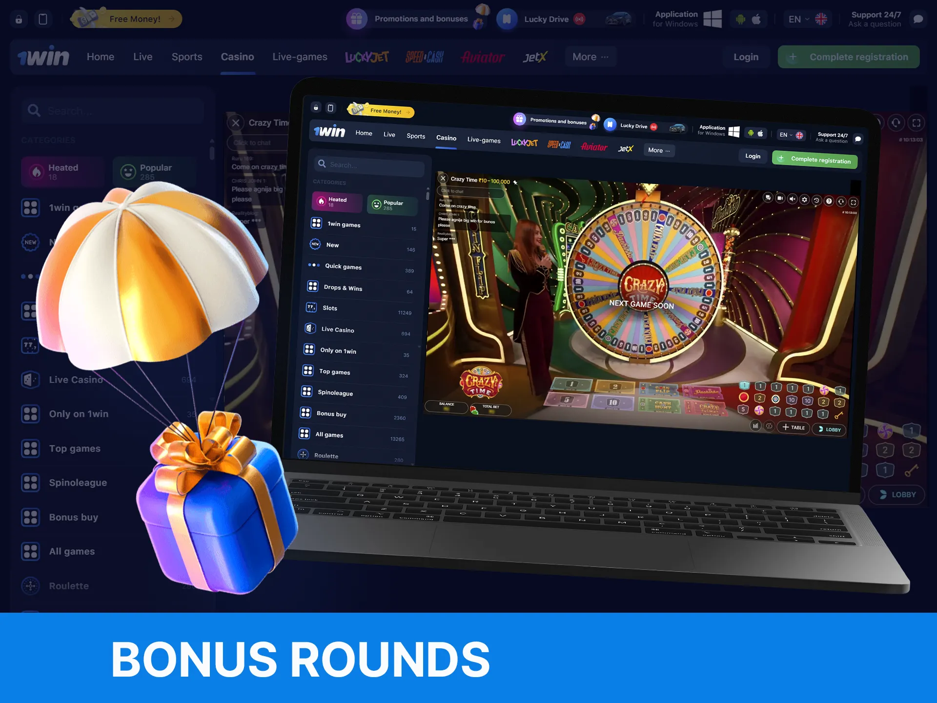 About the bonus rounds in the Crazy Time game at 1Win Casino.