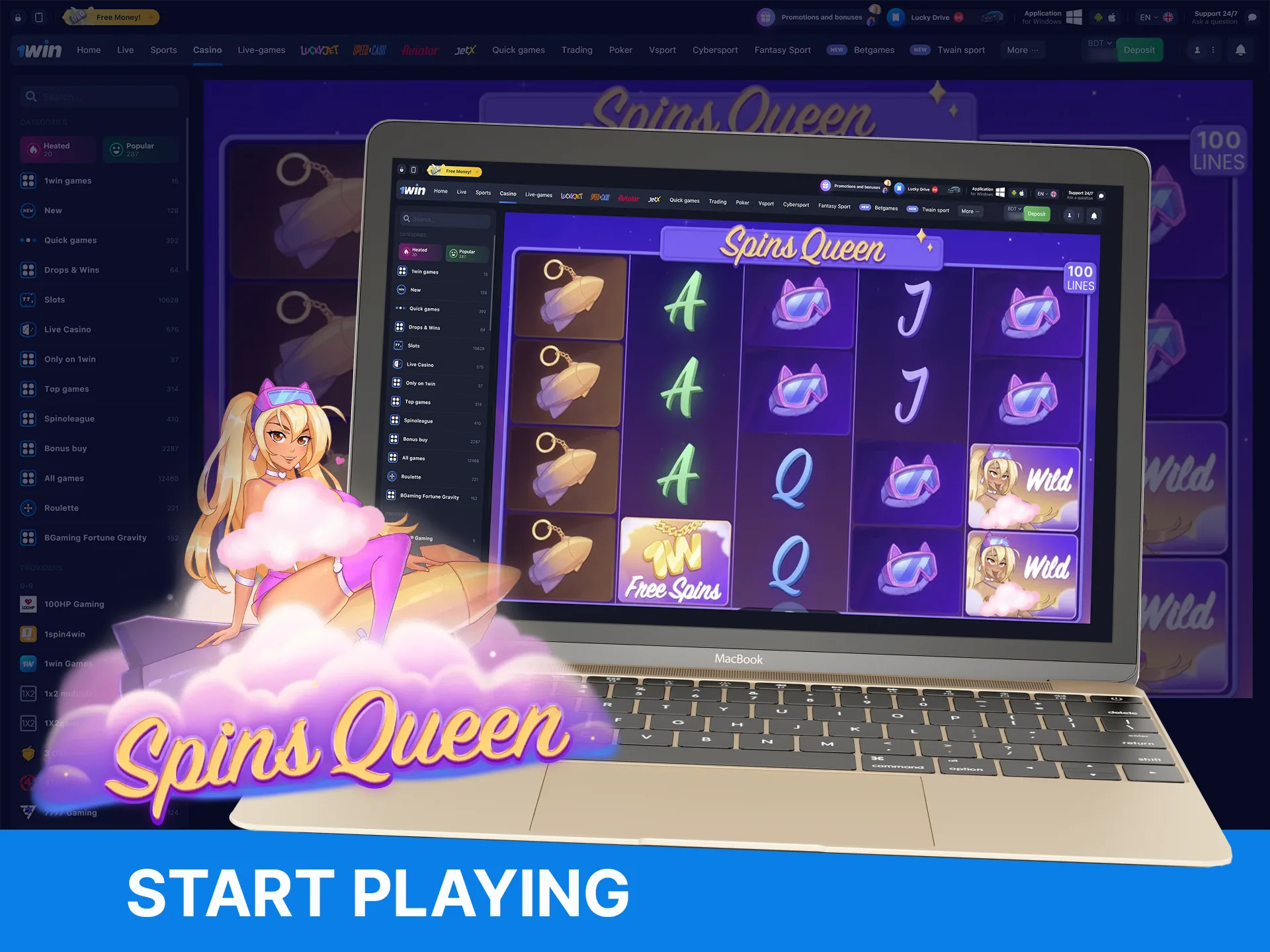 How can you start playing Spins Queen on the 1Win website.